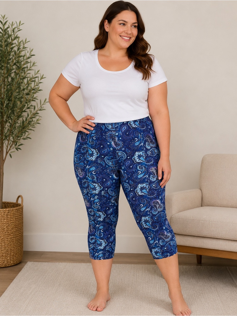 Just Cozy Blue Paisley Capri Leggings Women’s XL Stretch Pull-On Cropped Pants